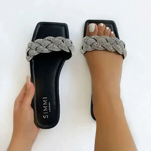 NWOT Simmi London Pearl Black Woven Diamante Strap Flat Sandals